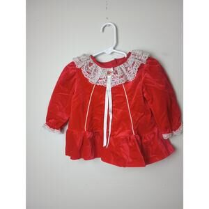 Vtg Evy Ruffle Red Lace Dress Tie Back Infant Size 12 Months Holiday